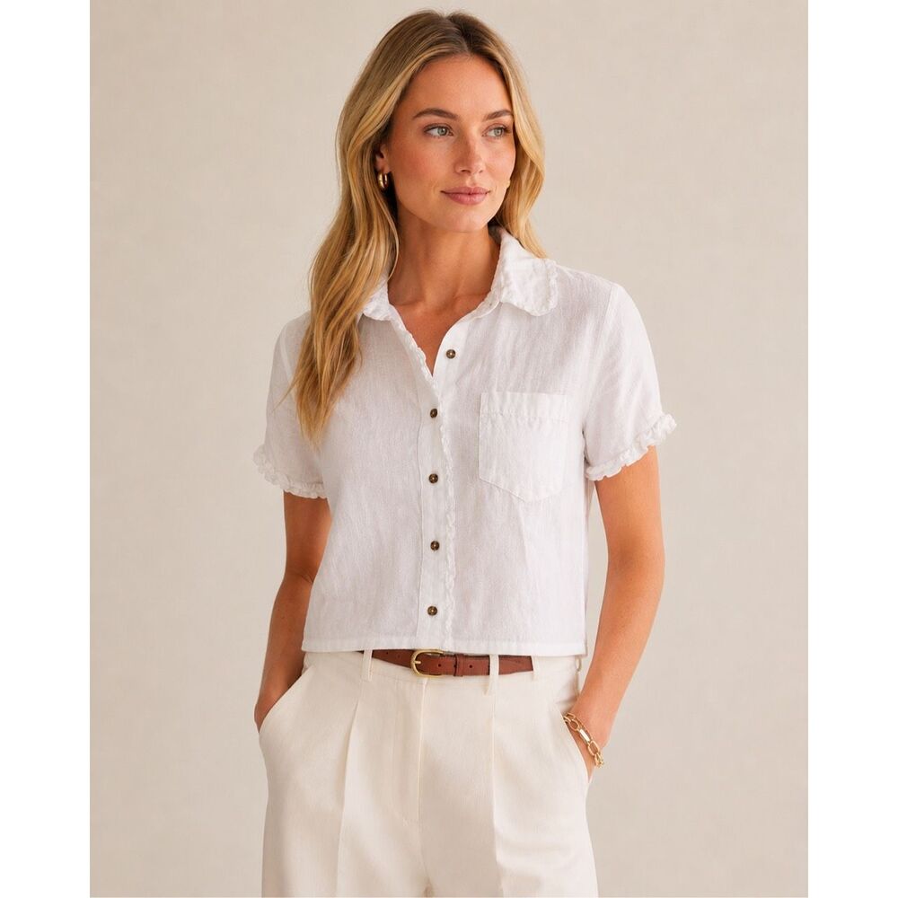 J.Crew White Linen Ruffle Trim Button Front Cropped Blouse Top, XS C46